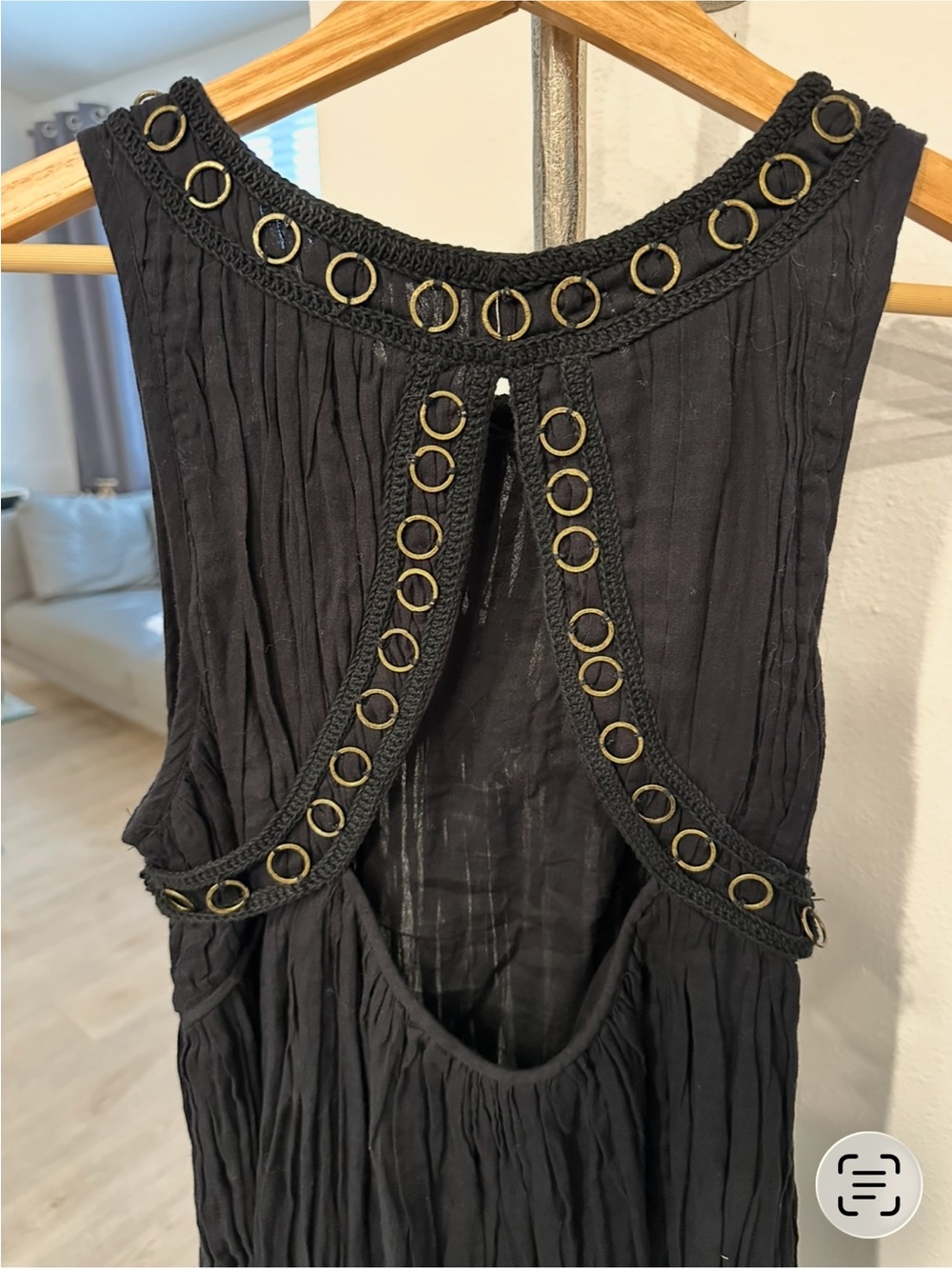 Free People Black Midi Dress with Gold Grommet Detail beads 100 % cotton